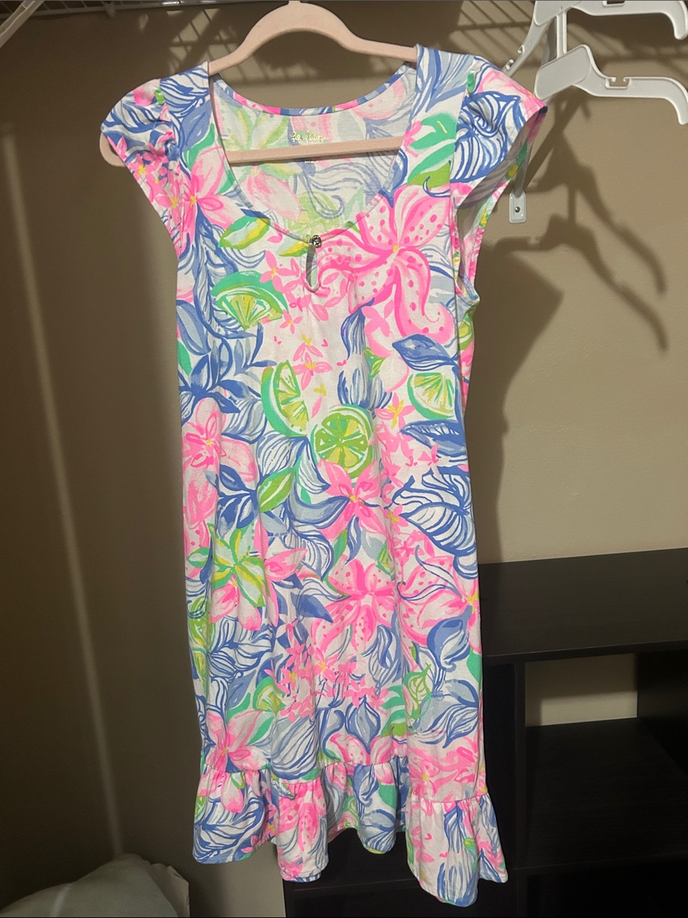 Girls Floral Tropical Print Cap Sleeve Dress in Pink & Blue
